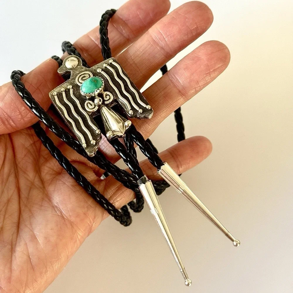 Navajo Thunderbird Bolo Tie Turquoise Sterling Signed Mariano Native American